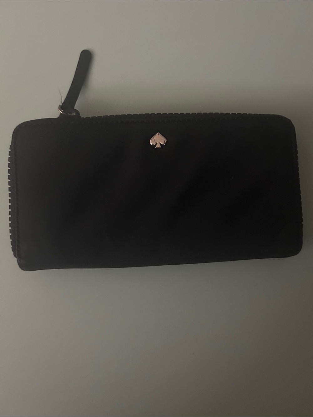 kate spade black zip wallet with gold spade accent